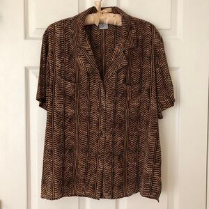 Vintage FY2 Silk Short Sleeve Blouse Brown & Black Stripe Size Medium